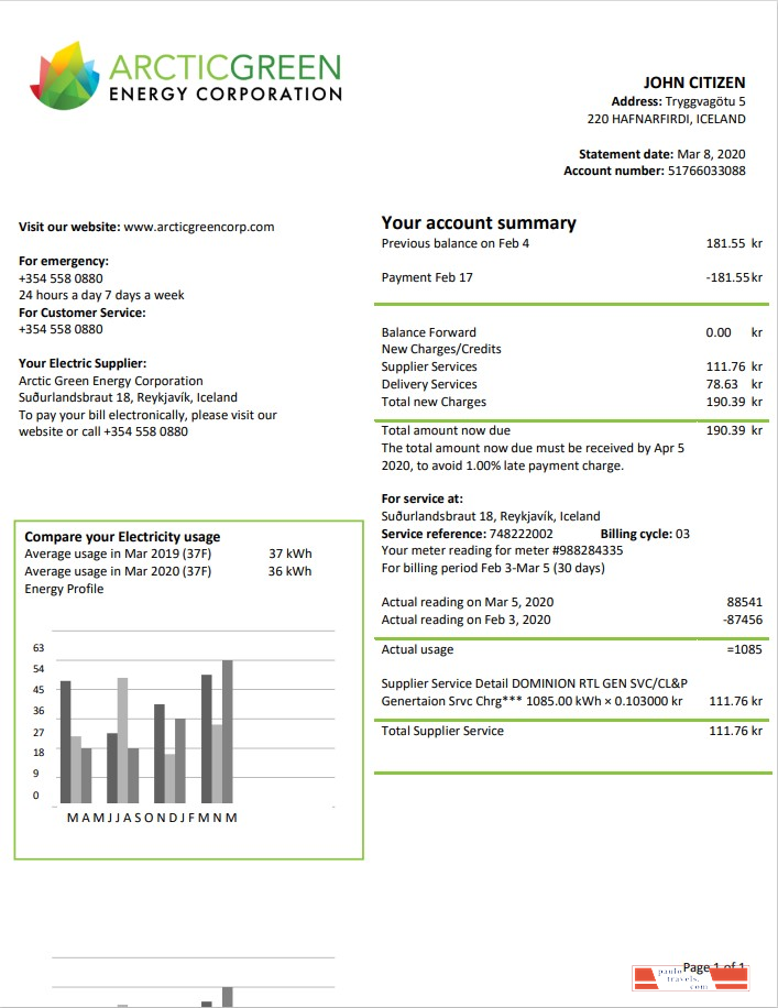 Iceland Arctic Green Energy Corporation electricity utility bill